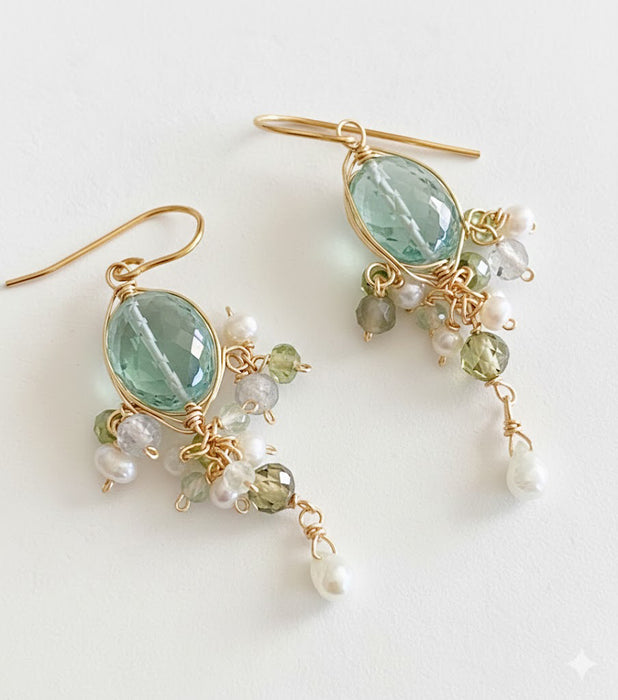 Pale green quartz wire wrapped chandelier earrings with peridot and sillimanite 