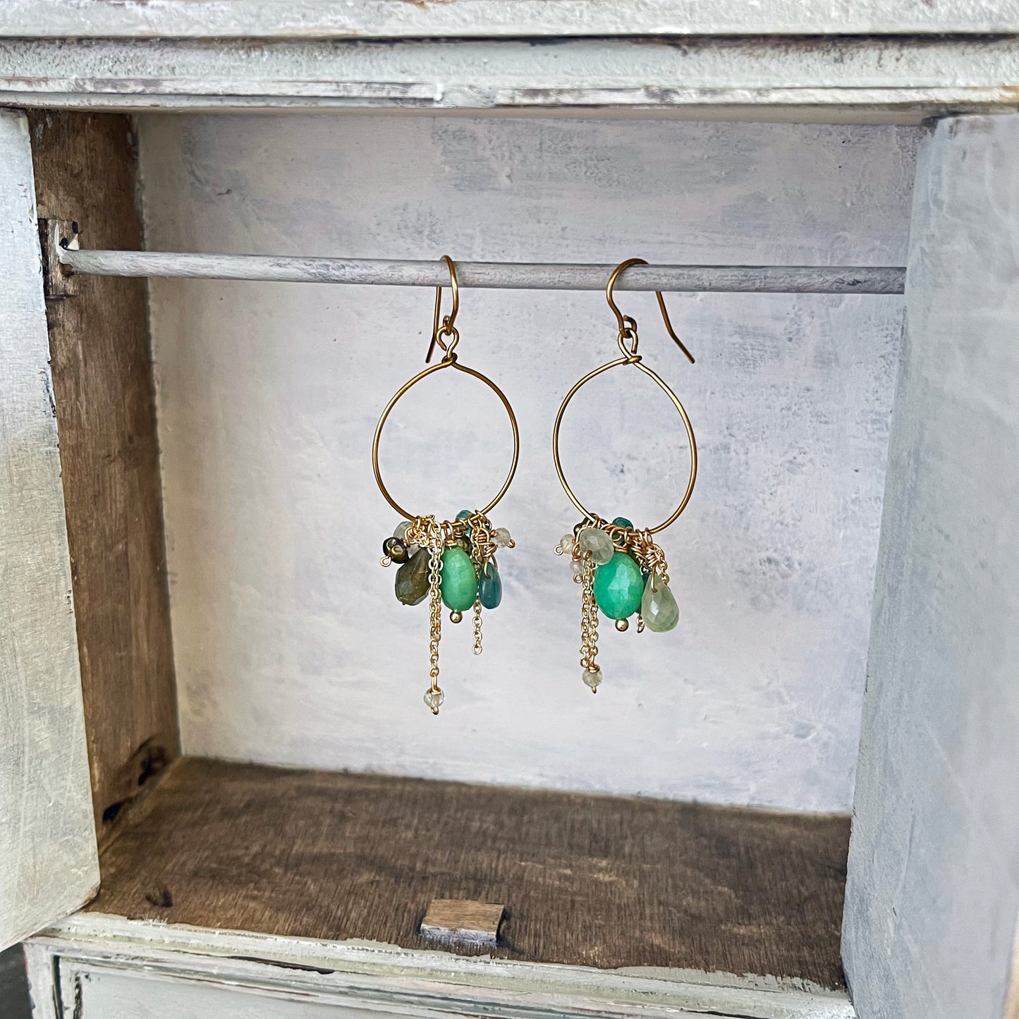 Verdant Harmony: Chrysoprase & Grandidierite Cluster Hoop Earrings