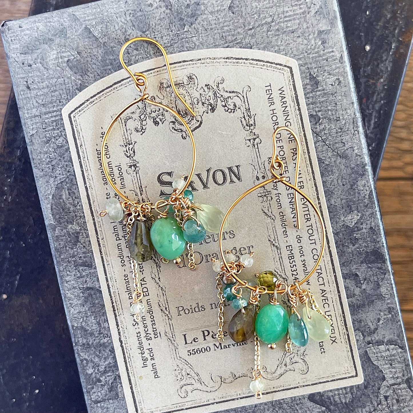 Verdant Harmony: Chrysoprase & Grandidierite Cluster Hoop Earrings