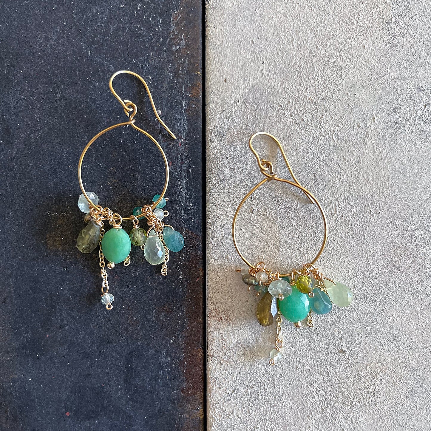 Verdant Harmony: Chrysoprase & Grandidierite Cluster Hoop Earrings