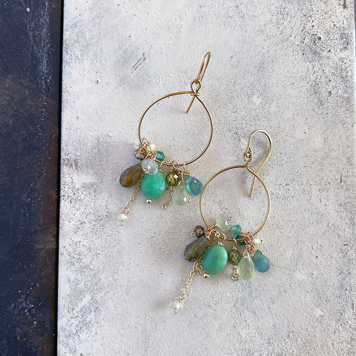 Verdant Harmony: Chrysoprase & Grandidierite Cluster Hoop Earrings