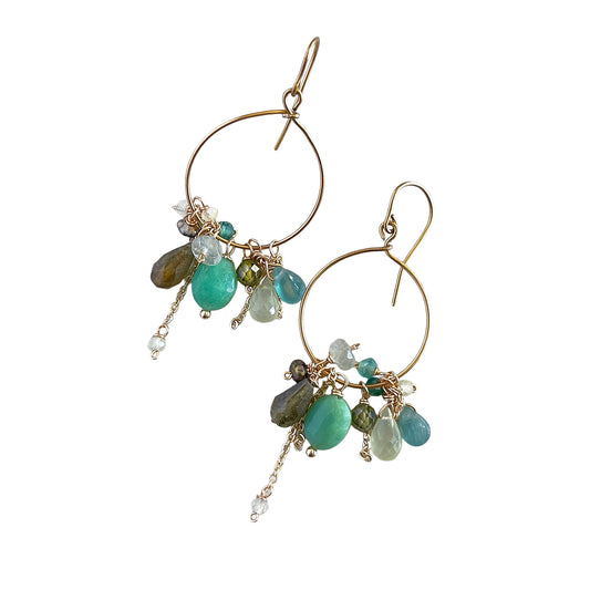 Verdant Harmony: Chrysoprase & Grandidierite Cluster Hoop Earrings