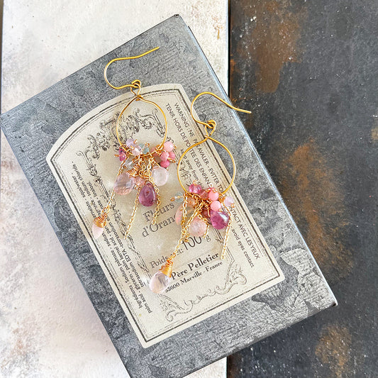 Rose Blossom Cluster Hoops: Rose Quartz, Pink Tourmaline & Opal  Boho Chic Hoop Earrings