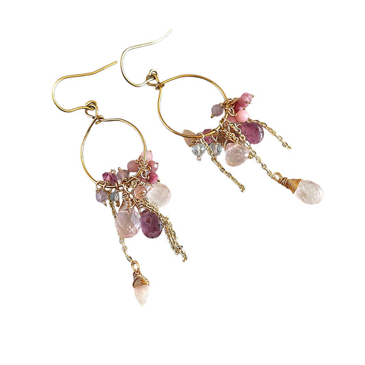 Rose Blossom Cluster Hoops: Rose Quartz, Pink Tourmaline & Opal  Boho Chic Hoop Earrings