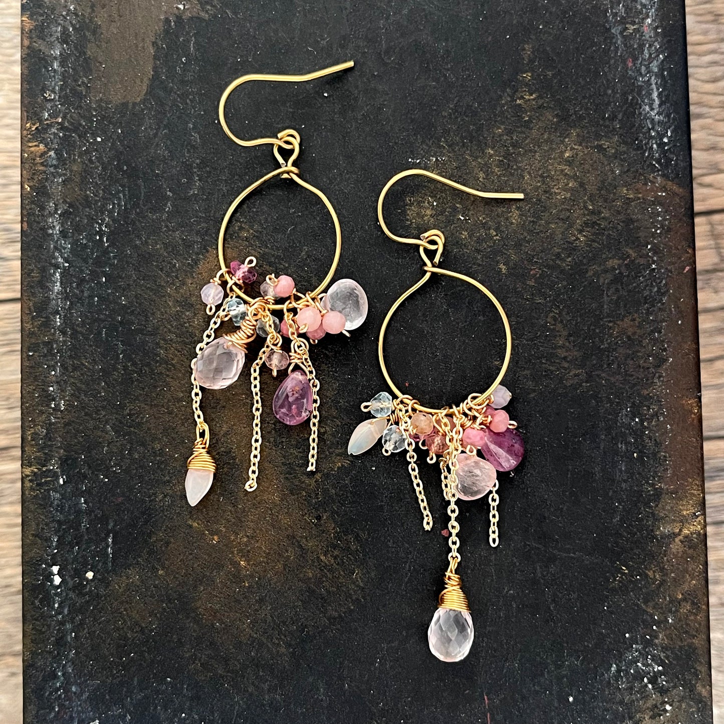 Rose Blossom Cluster Hoops: Rose Quartz, Pink Tourmaline & Opal  Boho Chic Hoop Earrings