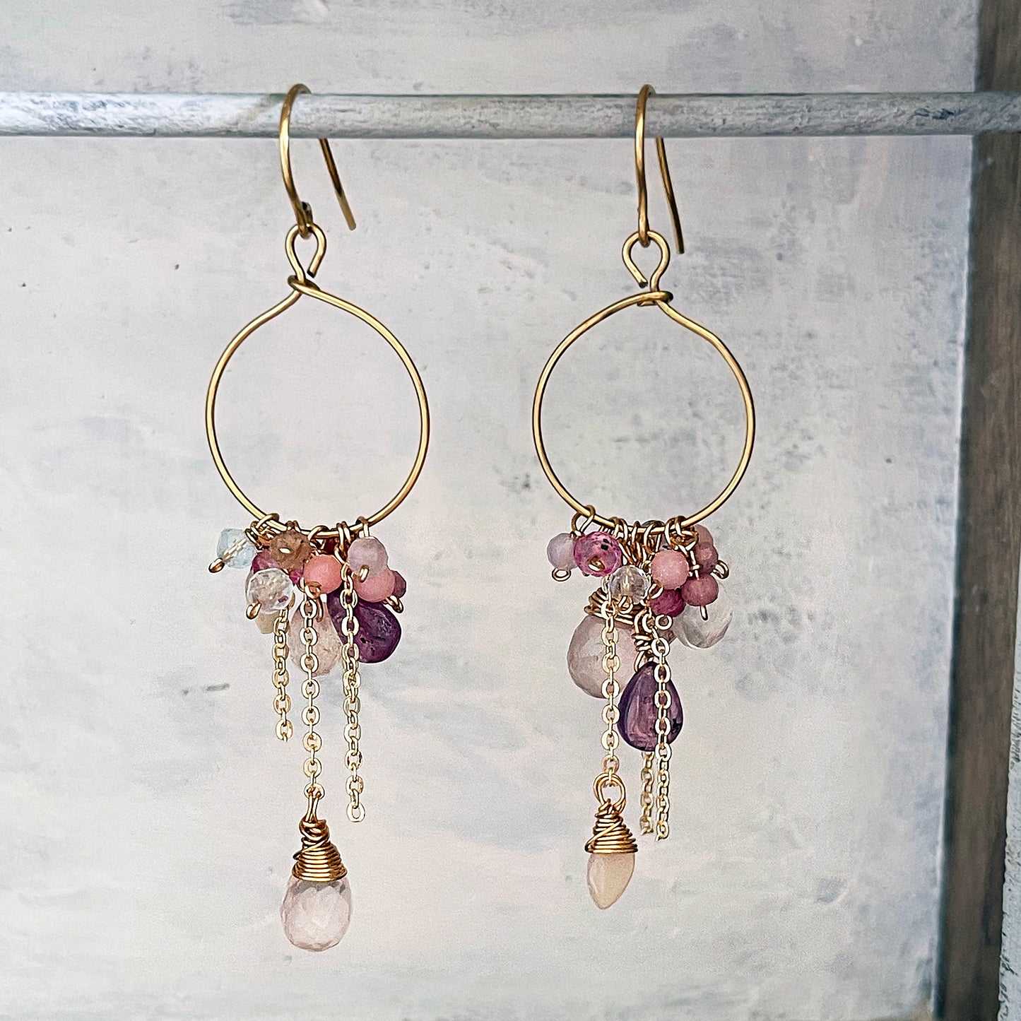 Rose Blossom Cluster Hoops: Rose Quartz, Pink Tourmaline & Opal  Boho Chic Hoop Earrings