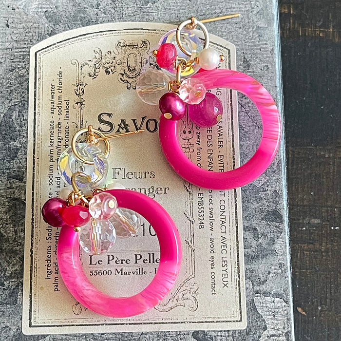 Hot Pink Circle with Crystal Earrings