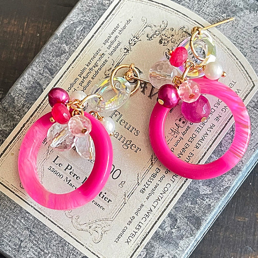 Hot Pink Circle with Crystal Earrings