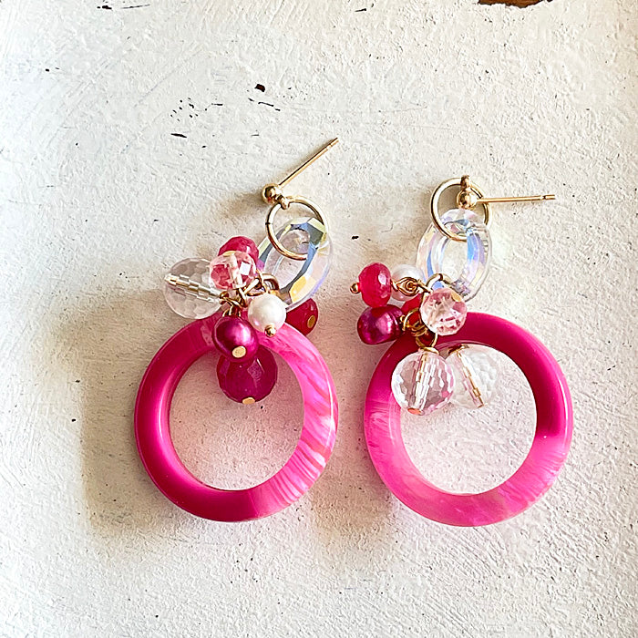 Hot Pink Circle with Crystal Earrings