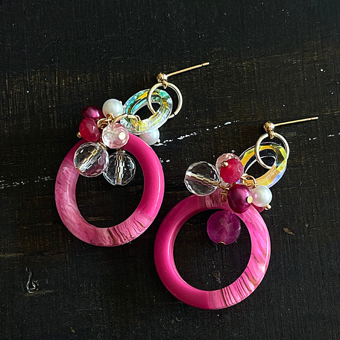 Hot Pink Circle with Crystal Earrings