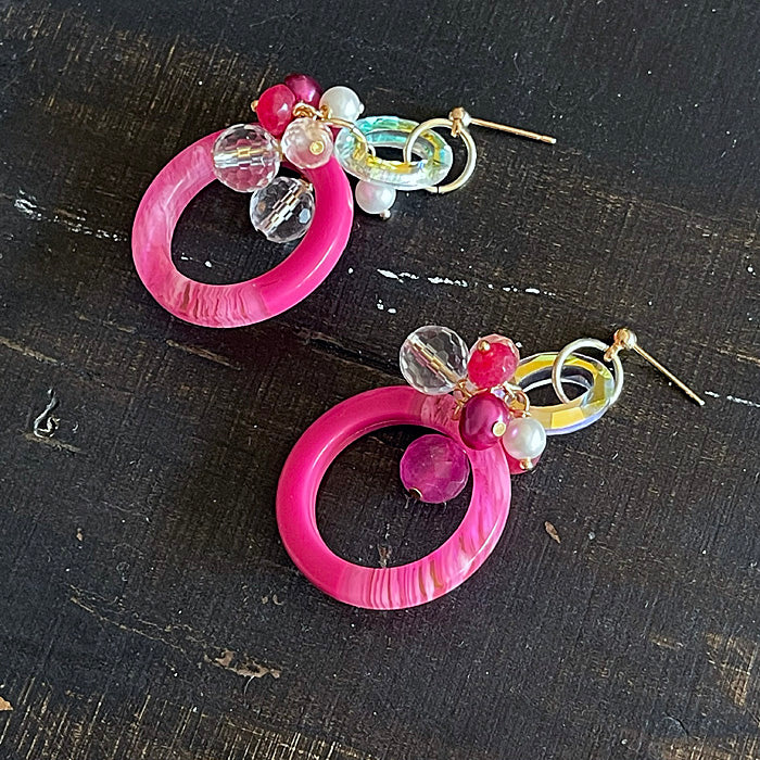 Hot Pink Circle with Crystal Earrings