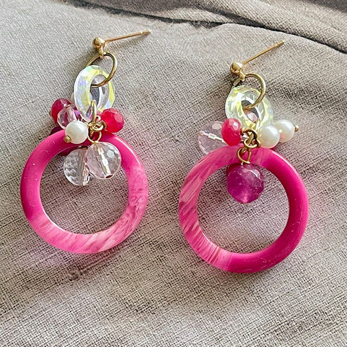 Hot Pink Circle with Crystal Earrings