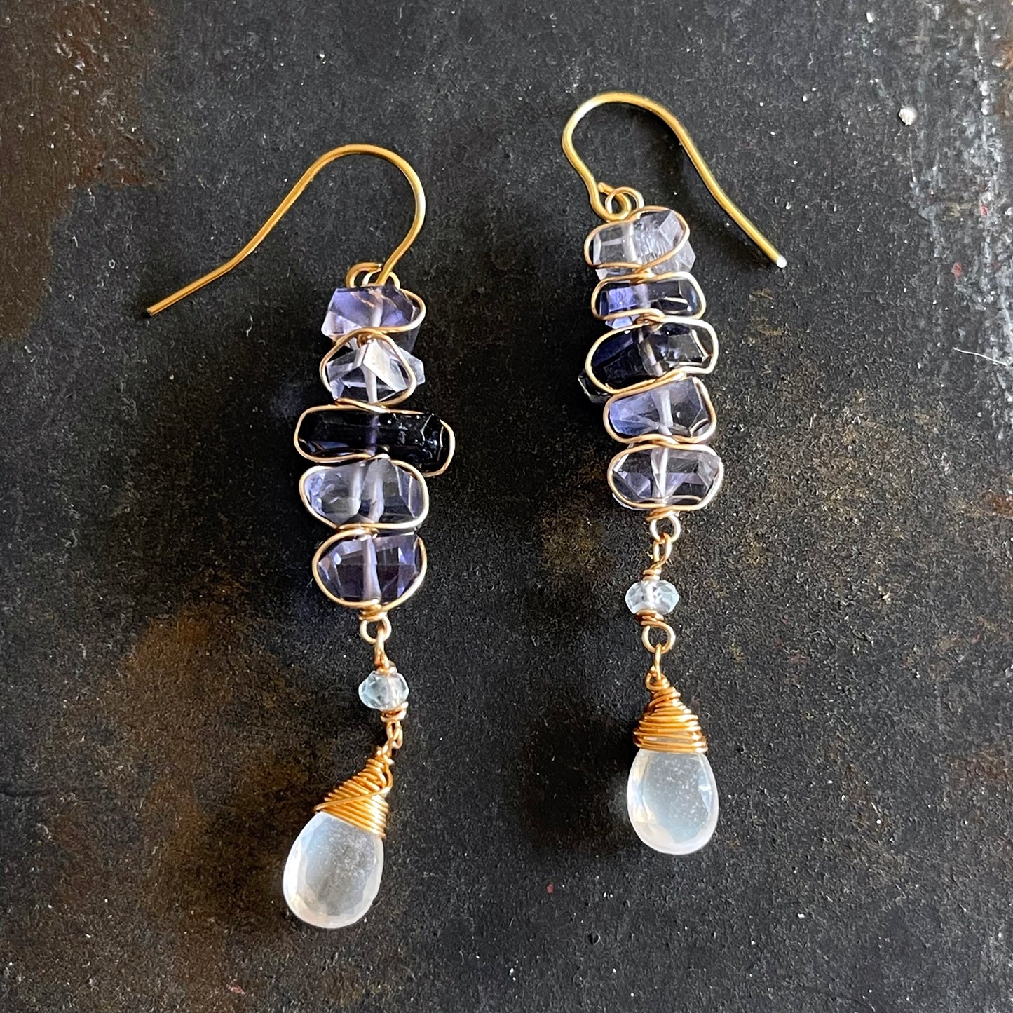 Cascading Serenity – Iolite, Aquamarine & Moonstone Asymmetrical Drop Earrings