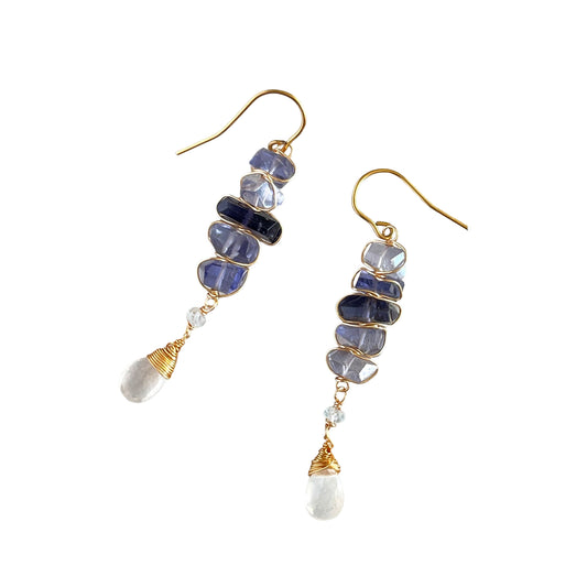 Cascading Serenity – Iolite, Aquamarine & Moonstone Asymmetrical Drop Earrings