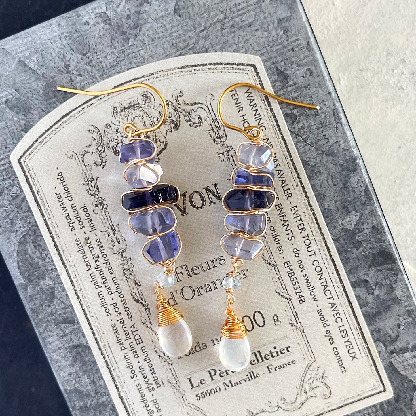 Cascading Serenity – Iolite, Aquamarine & Moonstone Asymmetrical Drop Earrings