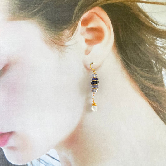 Cascading Serenity – Iolite, Aquamarine & Moonstone Asymmetrical Drop Earrings