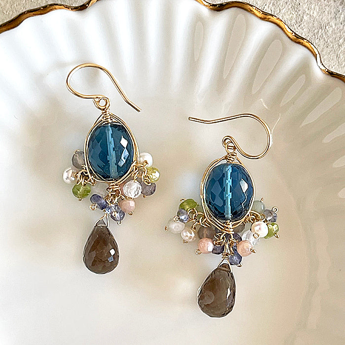 London Blue Quartz with Smoky Quartz Wire Wrapped Chandelier Earrings - 14KGF