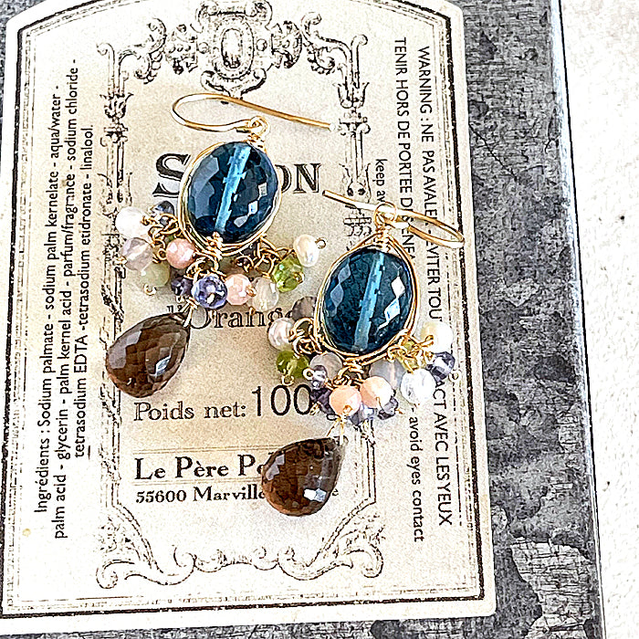 London Blue Quartz with Smoky Quartz Wire Wrapped Chandelier Earrings - 14KGF