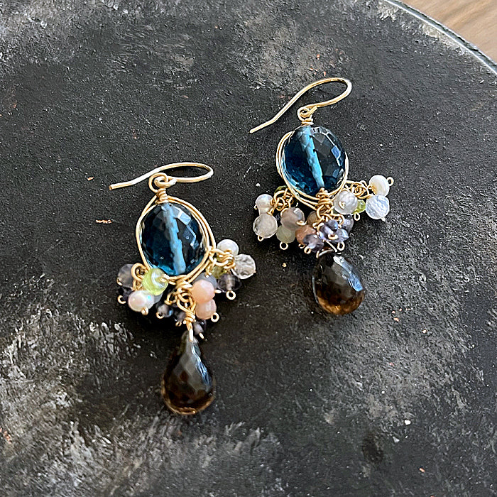 London Blue Quartz with Smoky Quartz Wire Wrapped Chandelier Earrings - 14KGF