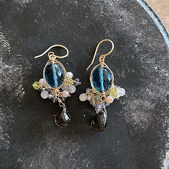 London Blue Quartz with Smoky Quartz Wire Wrapped Chandelier Earrings - 14KGF