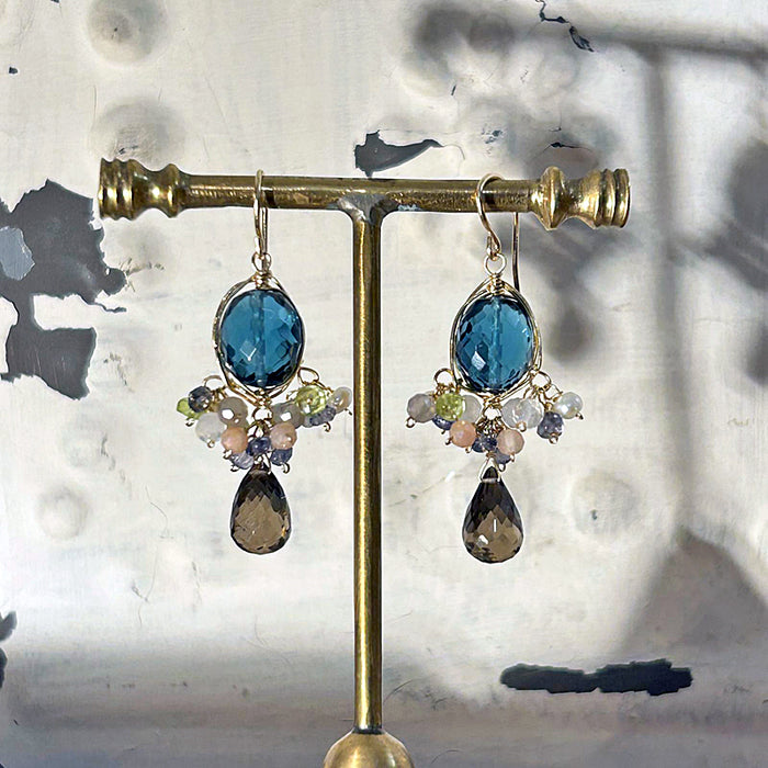 London Blue Quartz with Smoky Quartz Wire Wrapped Chandelier Earrings - 14KGF