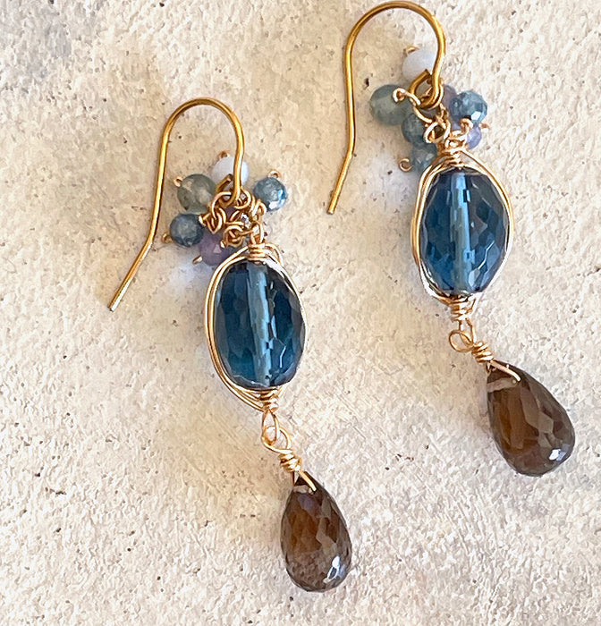 Midnight Blue & Smoky Quartz Chandelier Earrings