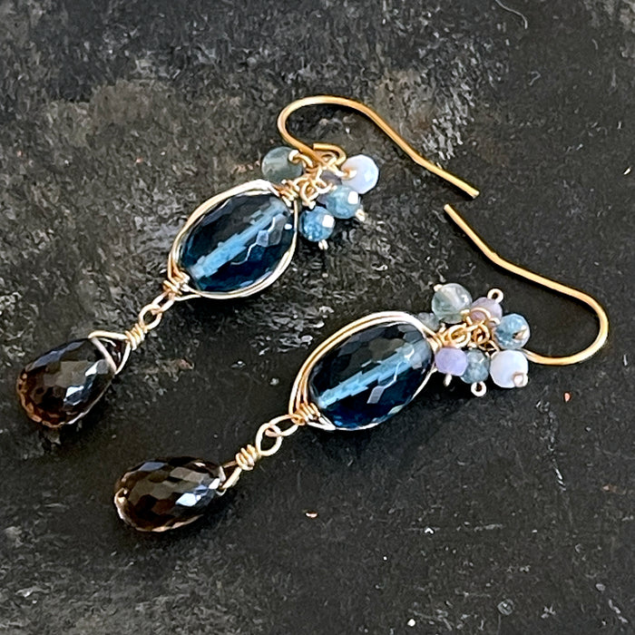 Midnight Blue & Smoky Quartz Chandelier Earrings