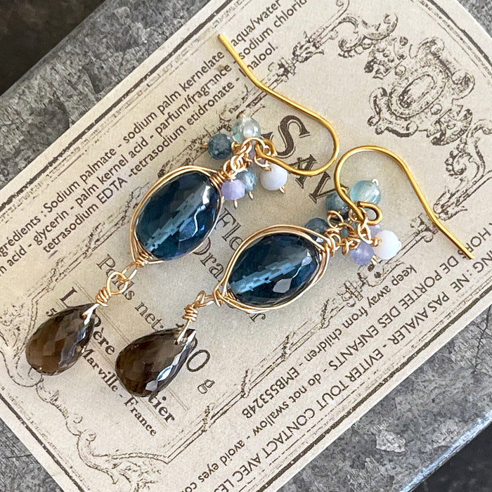Midnight Blue & Smoky Quartz Chandelier Earrings