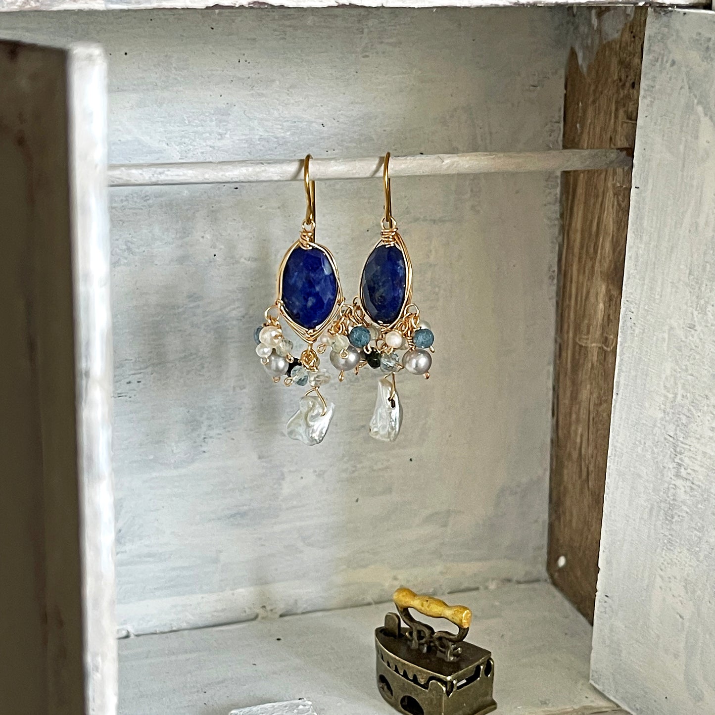 Celestial Night – Lapis Lazuli & Lustrous Keshi Pearl Cluster Wire Wrap Earrings 14K Gold Filled
