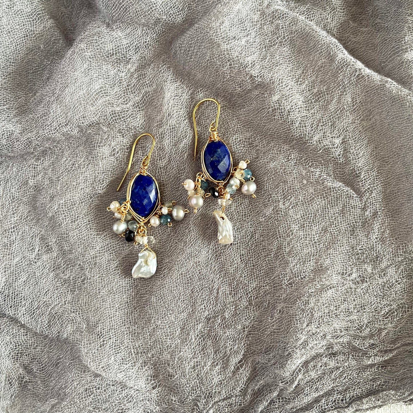 Celestial Night – Lapis Lazuli & Lustrous Keshi Pearl Cluster Wire Wrap Earrings 14K Gold Filled