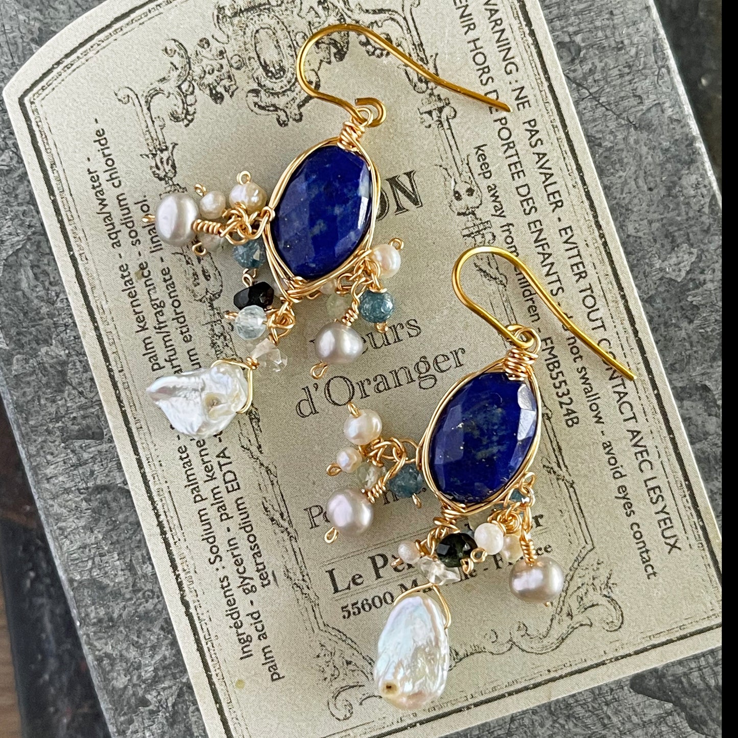 Celestial Night – Lapis Lazuli & Lustrous Keshi Pearl Cluster Wire Wrap Earrings 14K Gold Filled