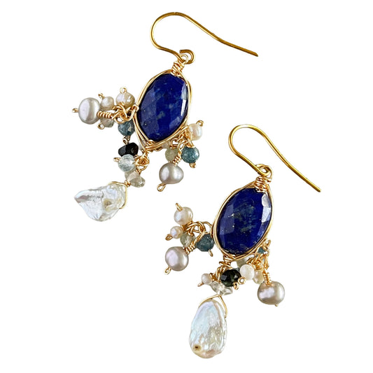 Celestial Night – Lapis Lazuli & Lustrous Keshi Pearl Cluster Wire Wrap Earrings 14K Gold Filled