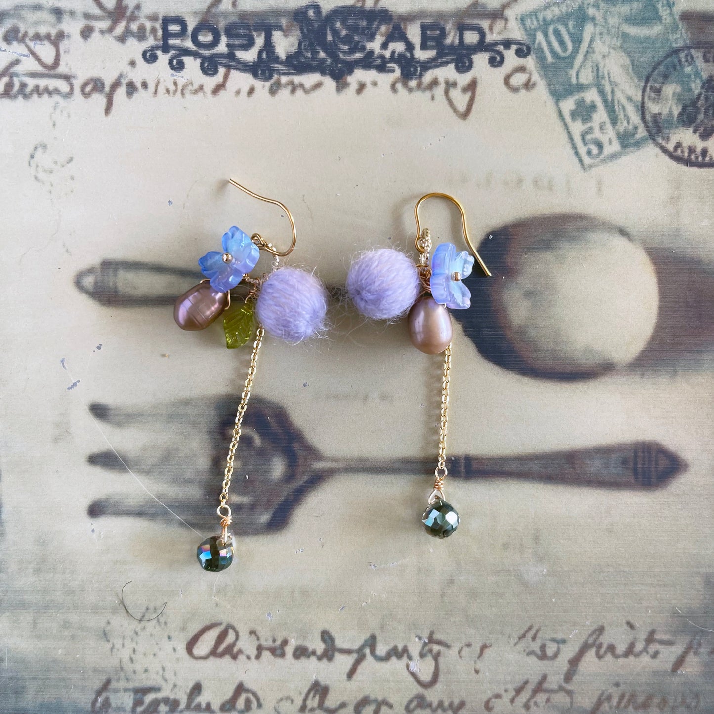 Eclectic Elegance: Dreamy Lavender Mohair & Glass Flower Drop Earrings