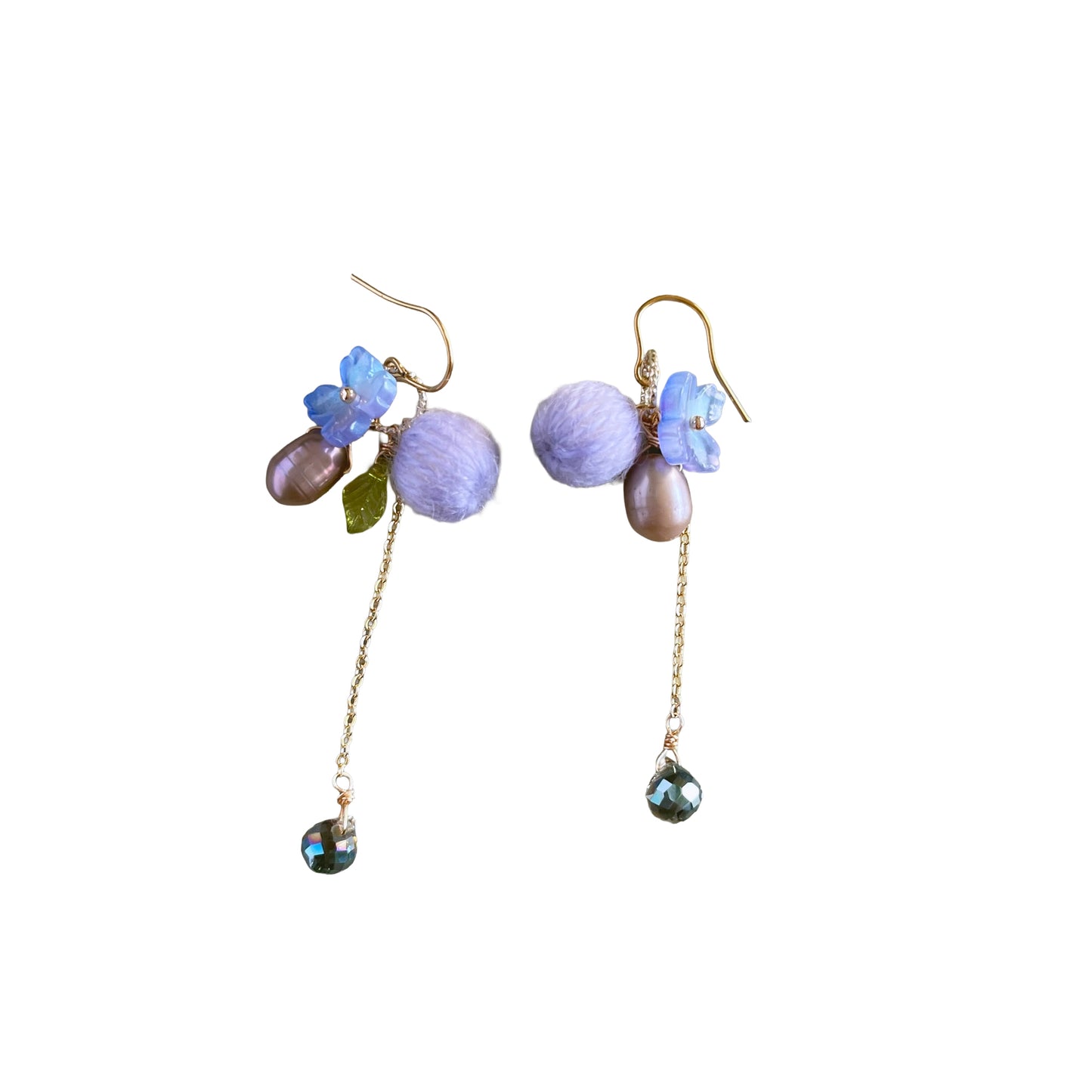 Eclectic Elegance: Dreamy Lavender Mohair & Glass Flower Drop Earrings