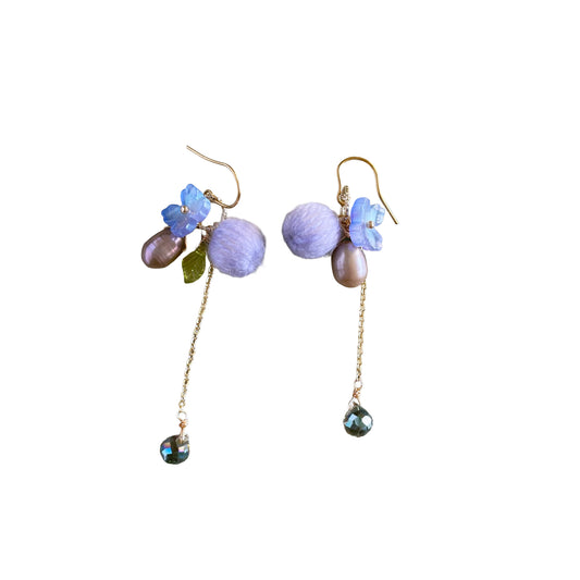 Eclectic Elegance: Dreamy Lavender Mohair & Glass Flower Drop Earrings
