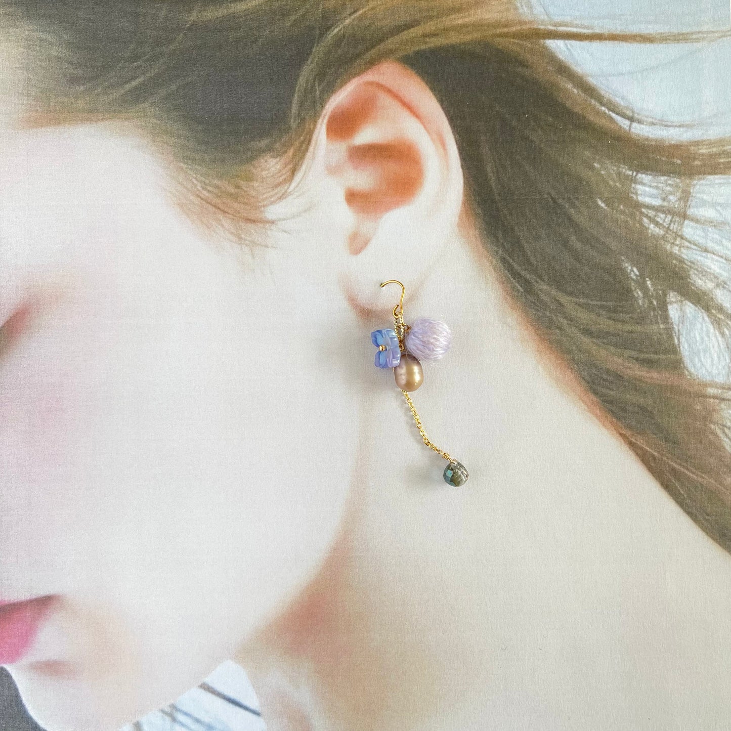 Eclectic Elegance: Dreamy Lavender Mohair & Glass Flower Drop Earrings