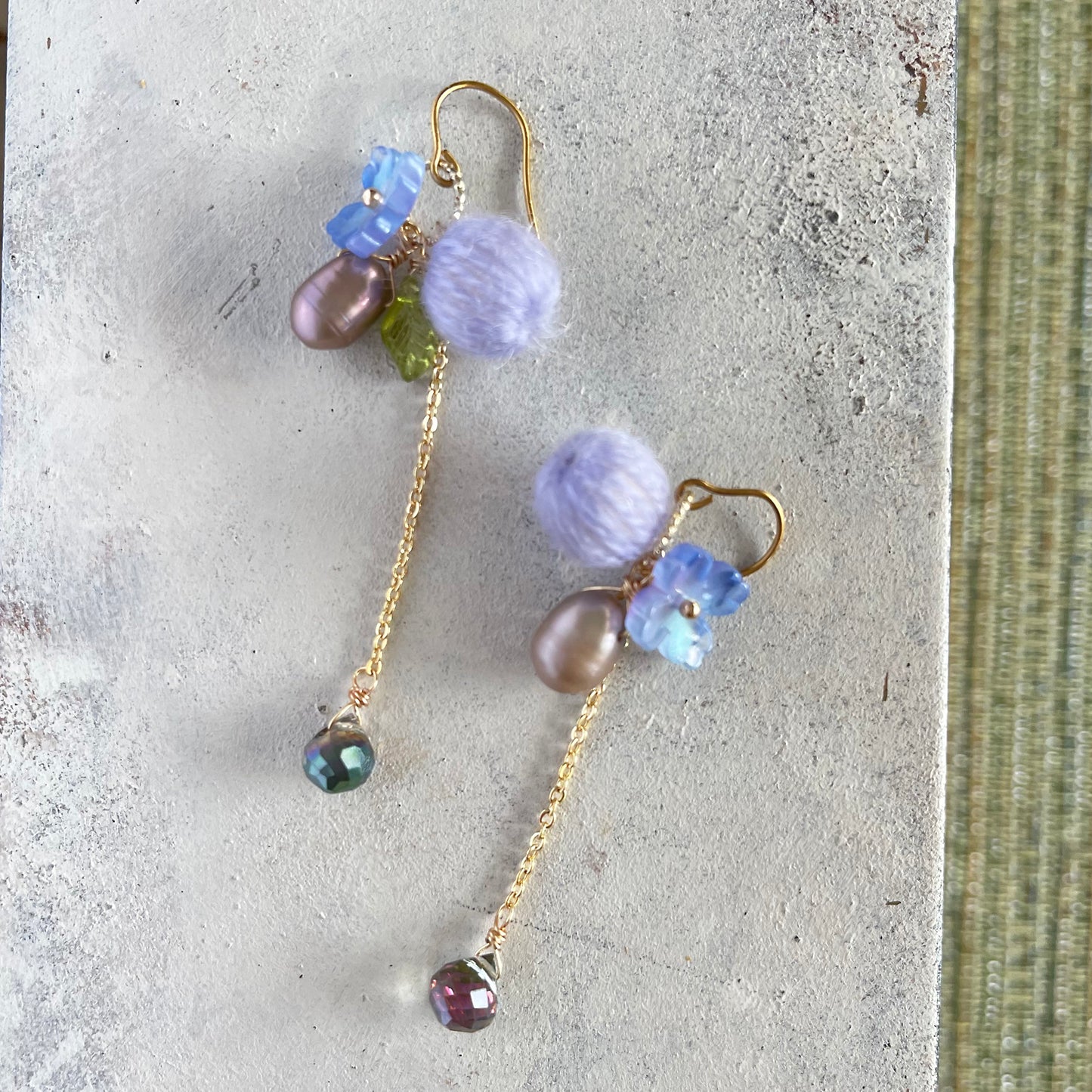 Eclectic Elegance: Dreamy Lavender Mohair & Glass Flower Drop Earrings