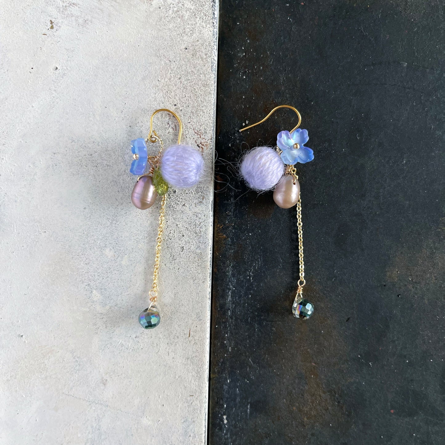 Eclectic Elegance: Dreamy Lavender Mohair & Glass Flower Drop Earrings