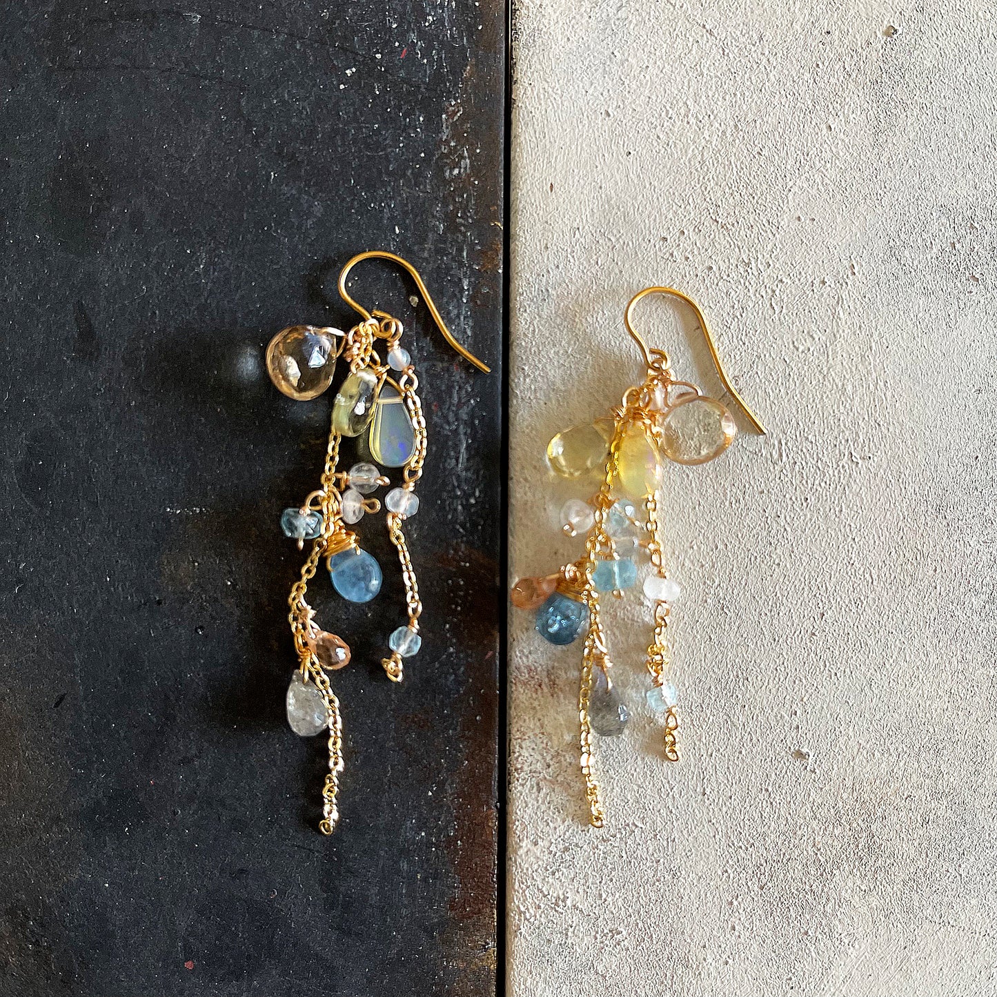 Luminous Horizon: Champagne Citrine & Aquamarine Cascade Earrings 14K Gold Filled
