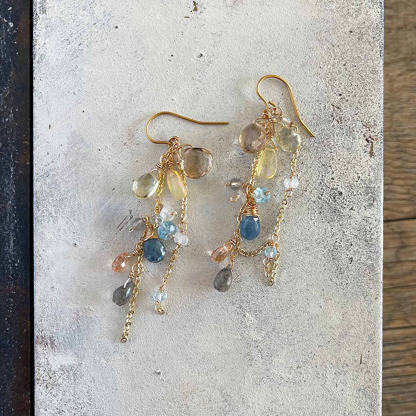 Luminous Horizon: Champagne Citrine & Aquamarine Cascade Earrings 14K Gold Filled