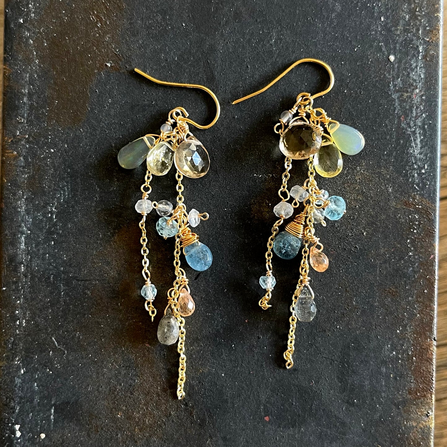 Luminous Horizon: Champagne Citrine & Aquamarine Cascade Earrings 14K Gold Filled