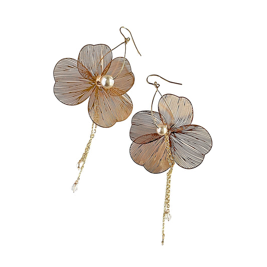 Large Filigree Flower Earrings with Cultured Pearl & Draping Chains