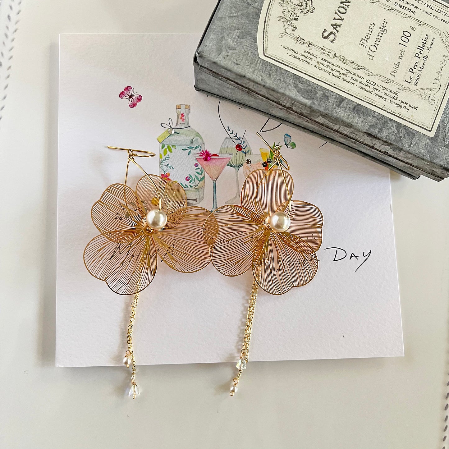 Large Filigree Flower Earrings with Cultured Pearl & Draping Chains