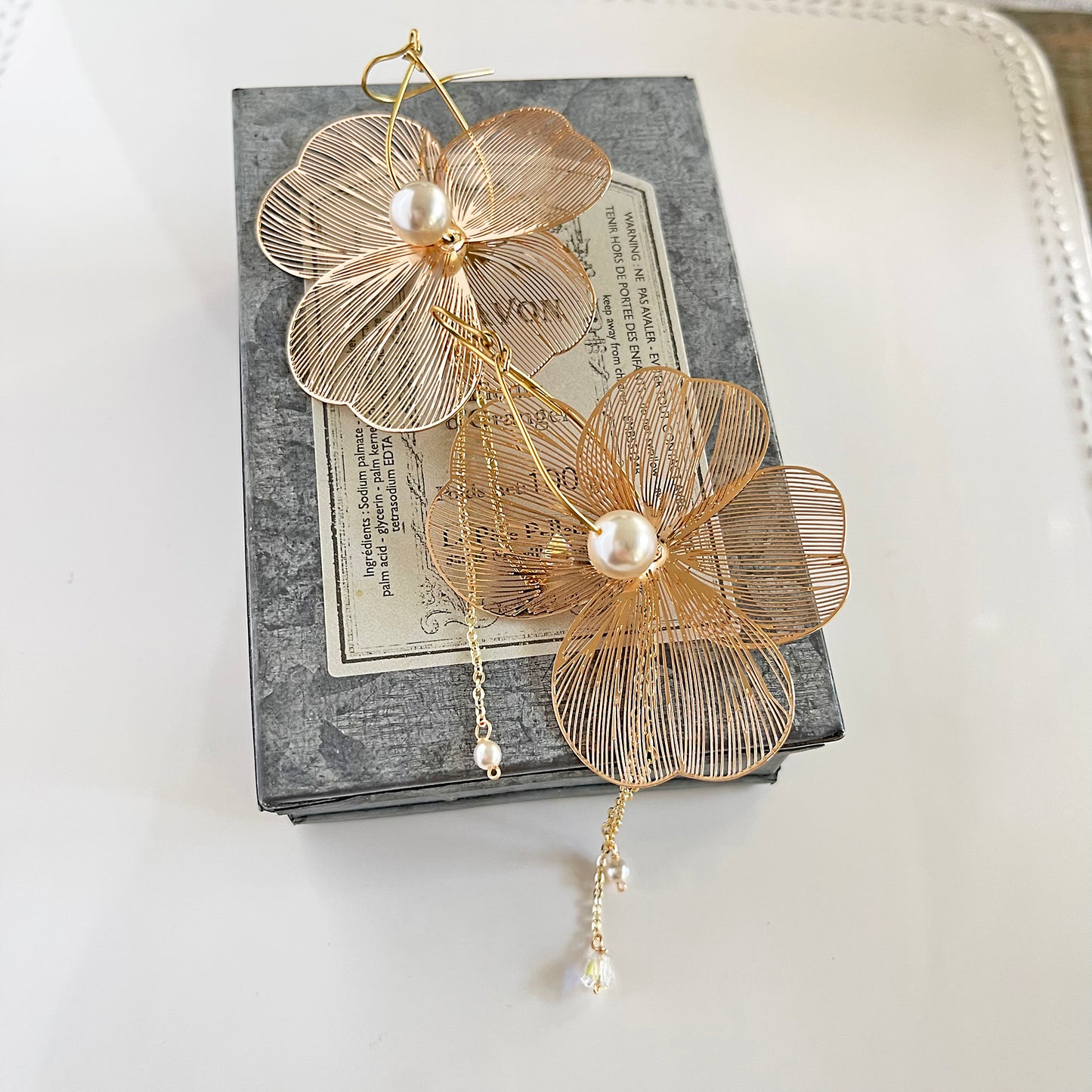 Large Filigree Flower Earrings with Cultured Pearl & Draping Chains