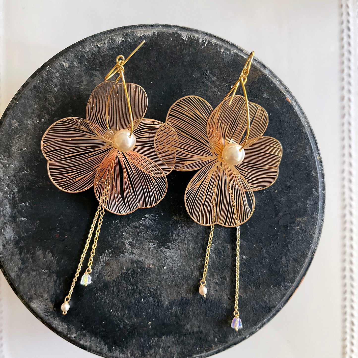 Large Filigree Flower Earrings with Cultured Pearl & Draping Chains