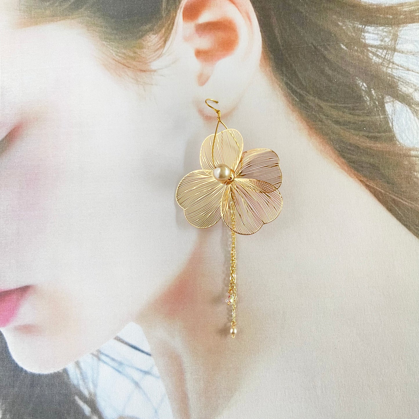Large Filigree Flower Earrings with Cultured Pearl & Draping Chains
