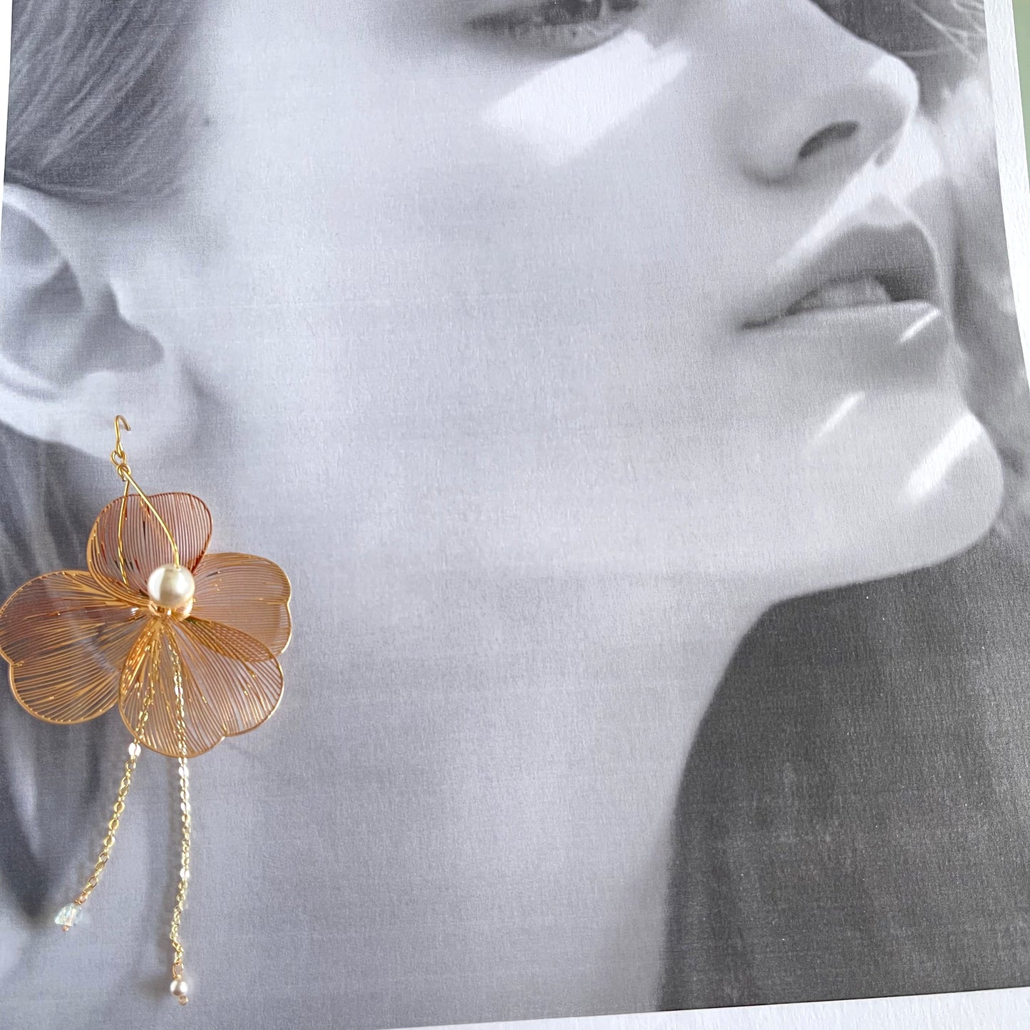Large Filigree Flower Earrings with Cultured Pearl & Draping Chains