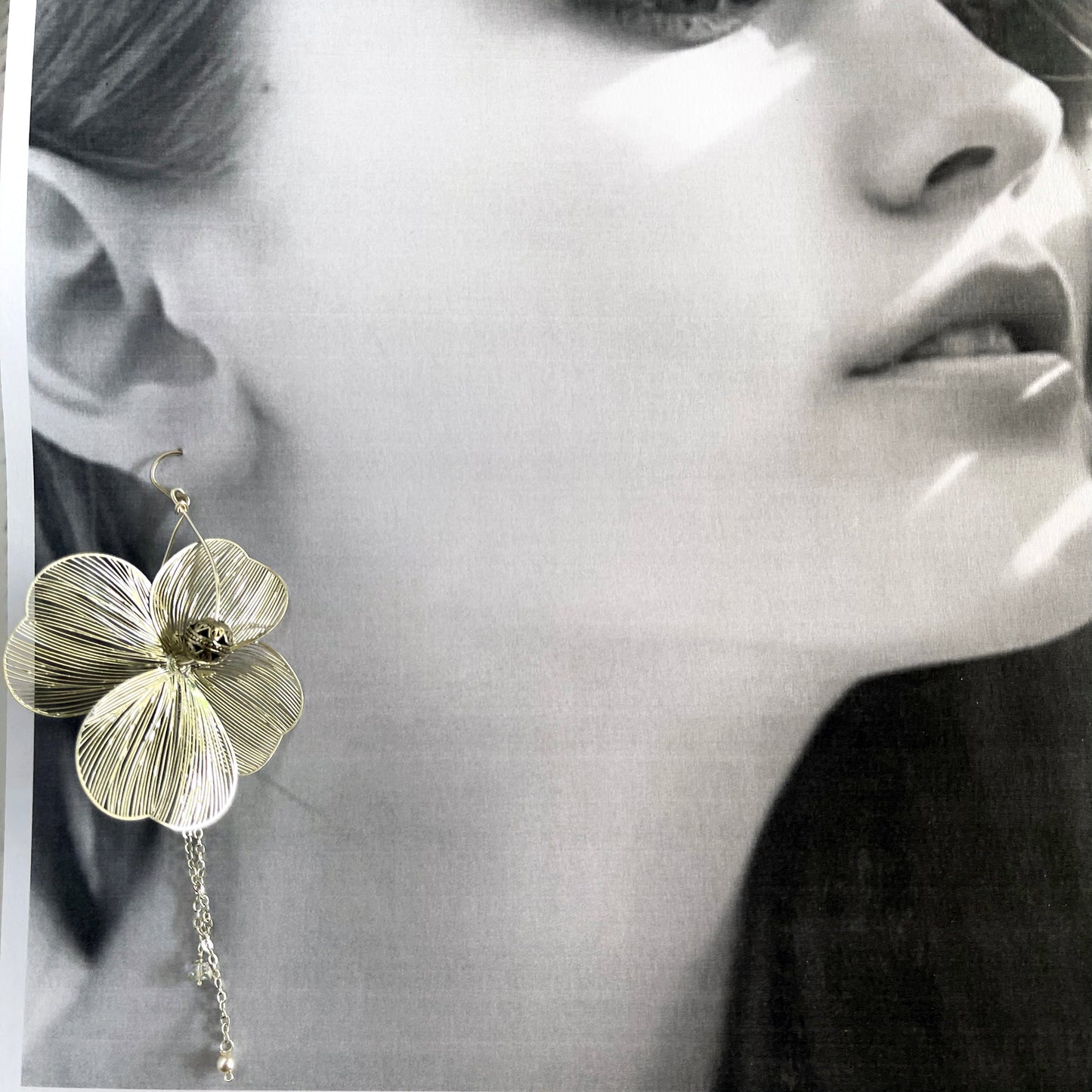 Large Silver Filigree Flower Earrings withMetalic Beads & Draping Chains