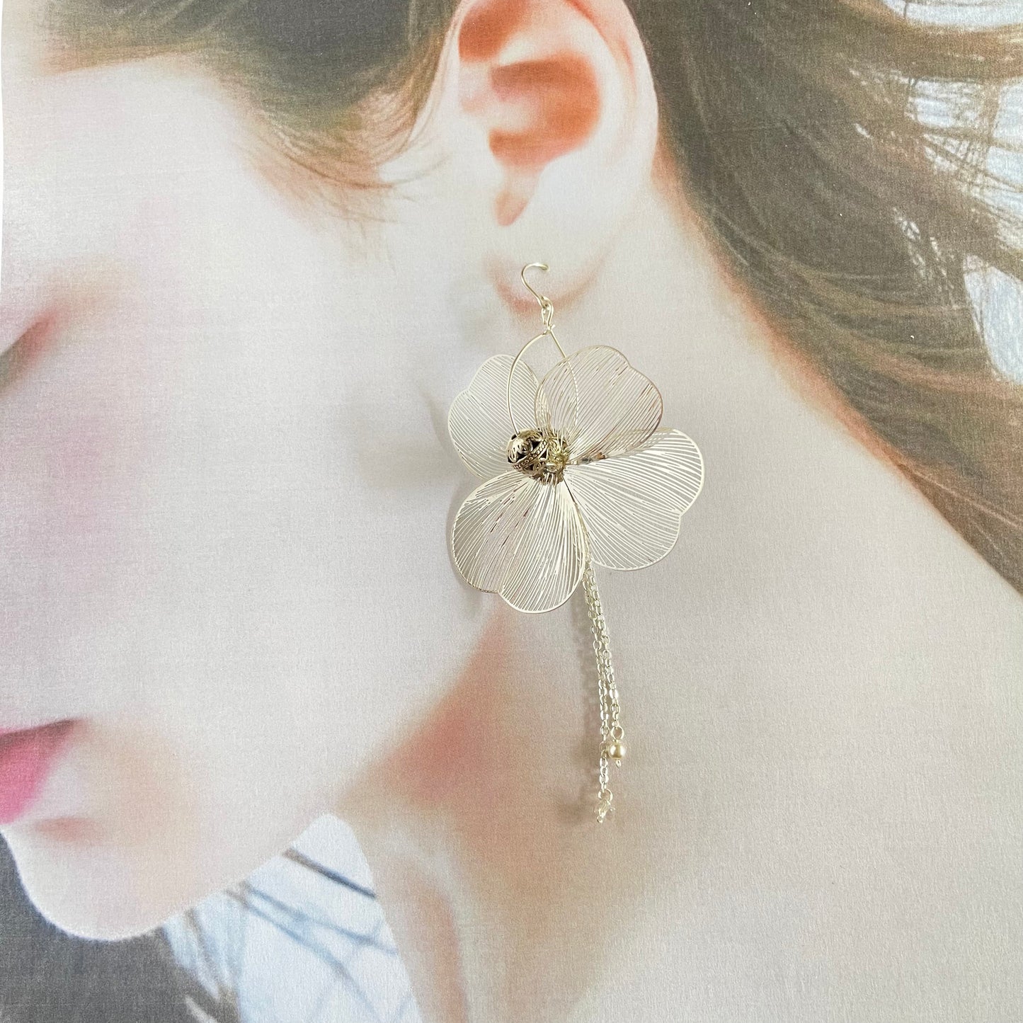 Large Silver Filigree Flower Earrings withMetalic Beads & Draping Chains