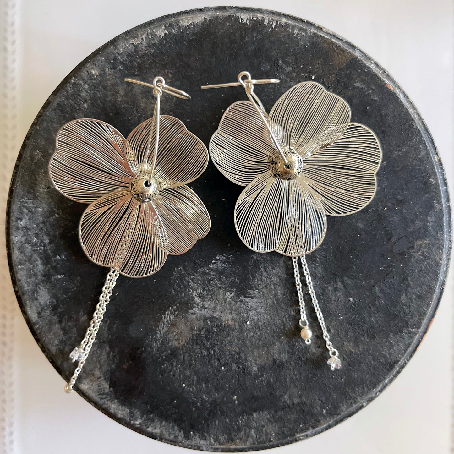 Large Silver Filigree Flower Earrings withMetalic Beads & Draping Chains